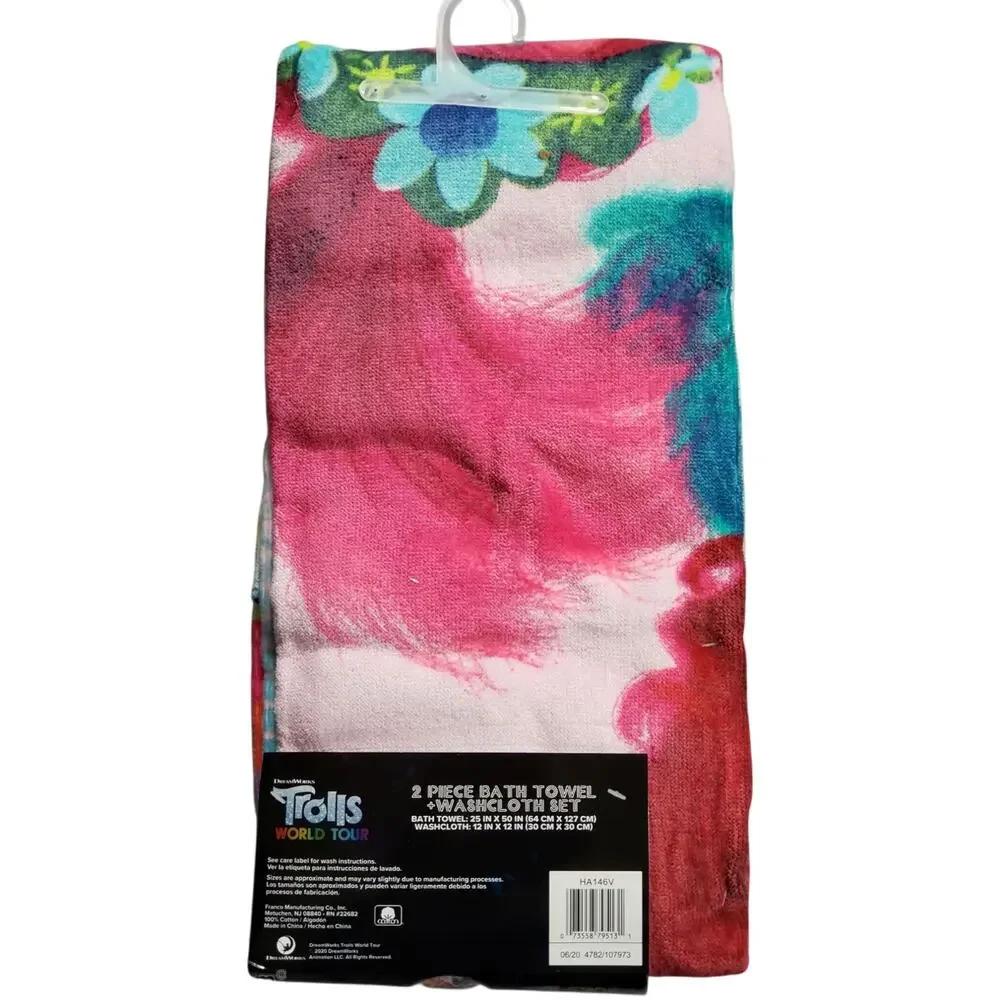 Trolls World Tour Towel & Wash Cloth Set 100% Cotton Kids Bathroom Decor Pool